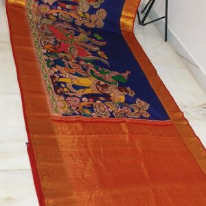 Handpainted Kalamkari Kanchipuram Silk Saree Krishna Leela Theme Pure Zari PENKN1-1